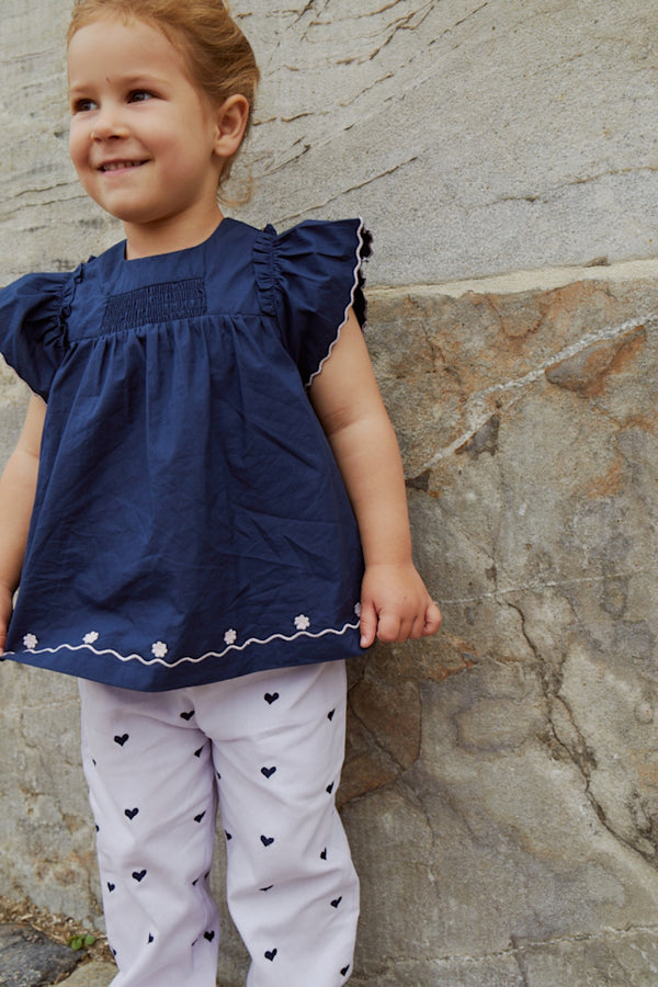 Poplin Blouse With Frill Sleeves - Navy