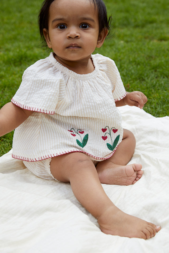 Seersucker baby set with embroidery - Dusty Rose With Cream Stripe