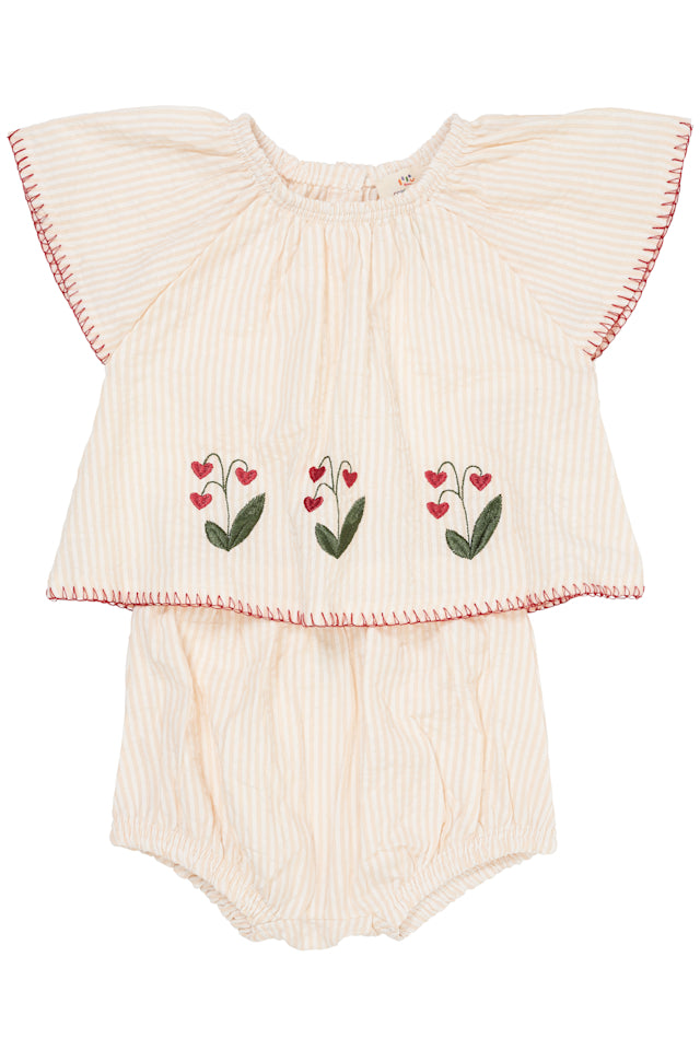 Seersucker baby set with embroidery - Dusty Rose With Cream Stripe