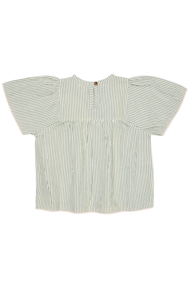 Seersucker blouse with contrast edge - Green with cream stripe with dusty rose