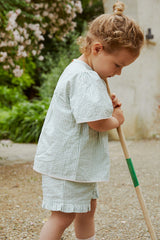 Seersucker blouse with contrast edge - Green with cream stripe with dusty rose