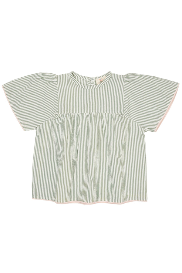 Seersucker blouse with contrast edge - Green with cream stripe with dusty rose