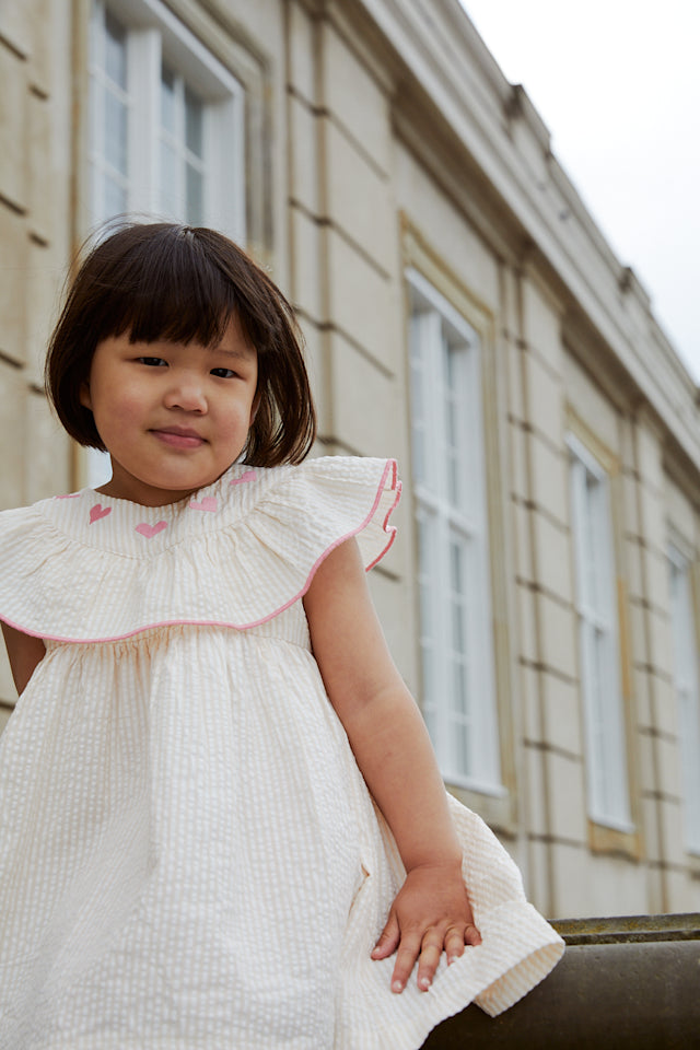 Seersucker dress with heart - Dusty rose with cream stripe pink