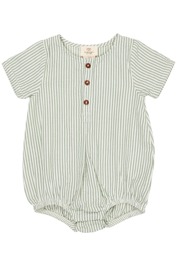 Seersucker romper with sleeves - Green with cream stripes