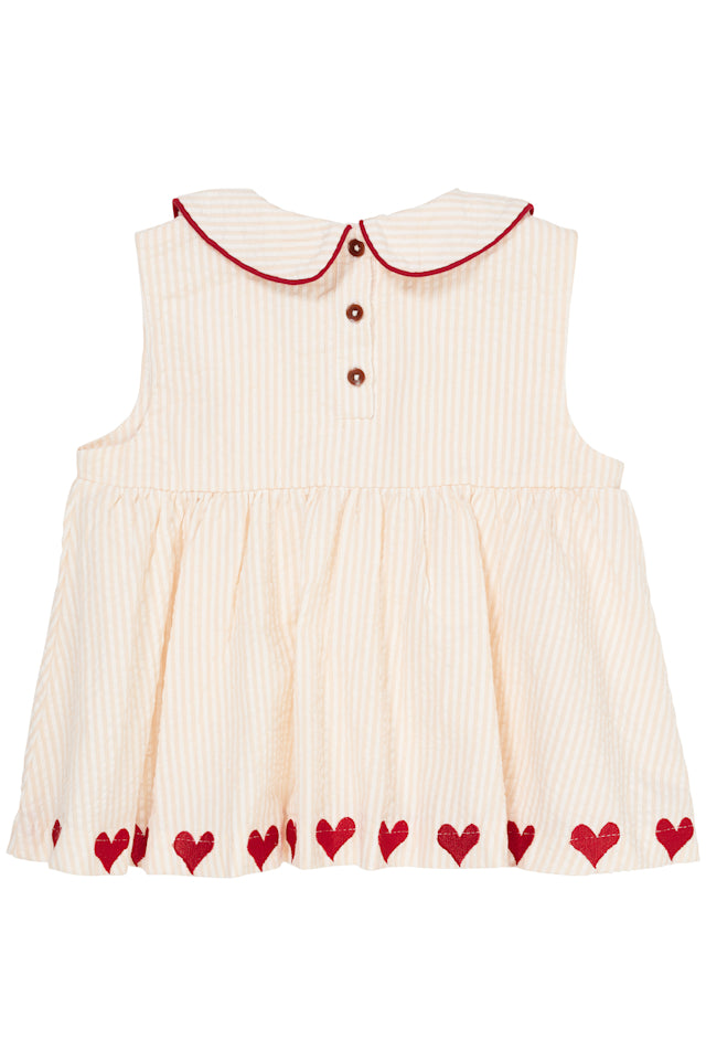 Seersucker ss blouse with hearts - Dusty Rose with cream stripe berry