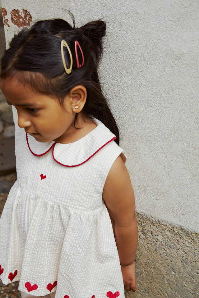 Seersucker ss blouse with hearts - Dusty Rose with cream stripe berry