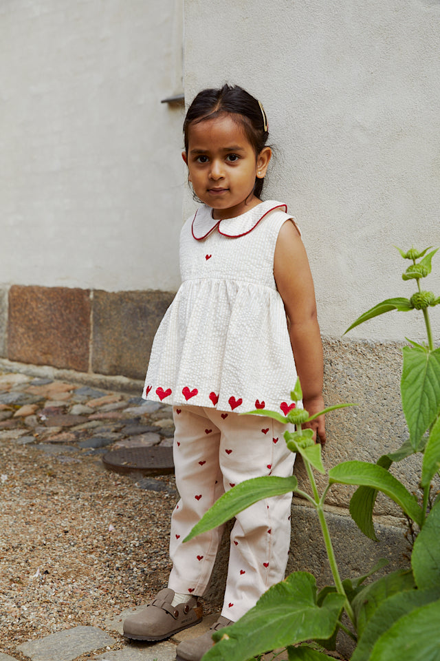 Seersucker ss blouse with hearts - Dusty Rose with cream stripe berry