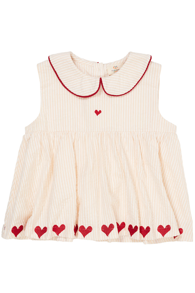 Seersucker ss blouse with hearts - Dusty Rose with cream stripe berry