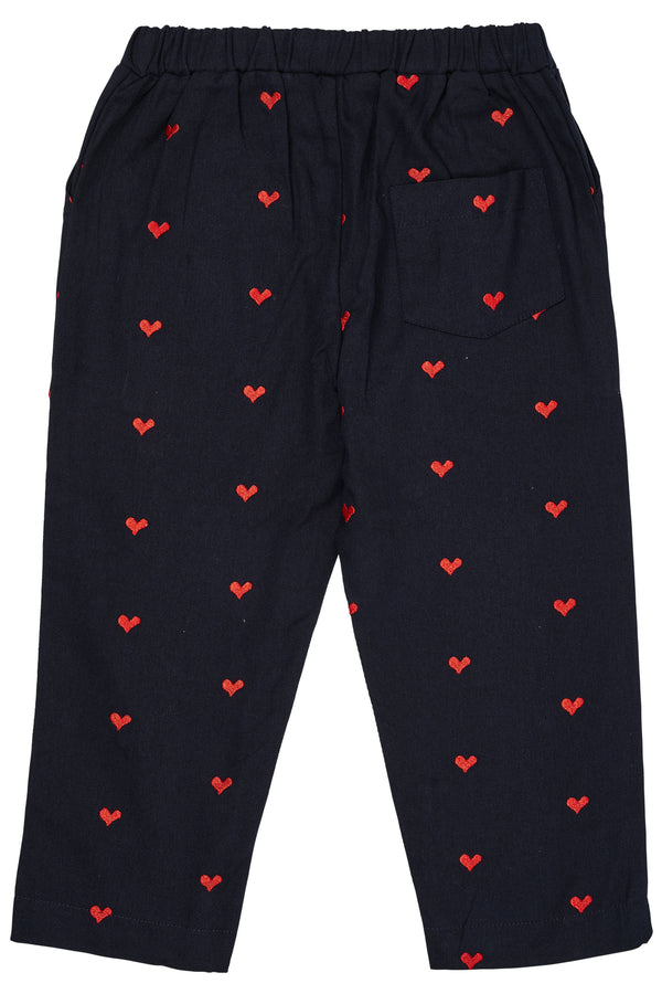 Twill Heart Pants - Navy Red Hearts